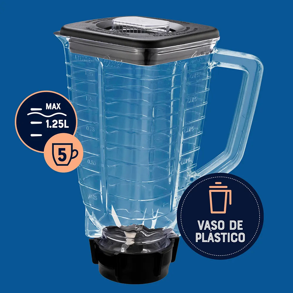 Oster® Licuadora, con Control de Perilla, 2 Velocidades más Pulso, con Vaso de Plástico, 800 W, 1.25 Lt, Negro, BLSTKAP-BRD