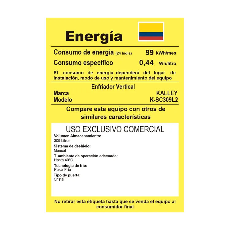 Nevera Vitrina KALLEY Frost Una puerta 309 Litros K-SC309L2 Blanco