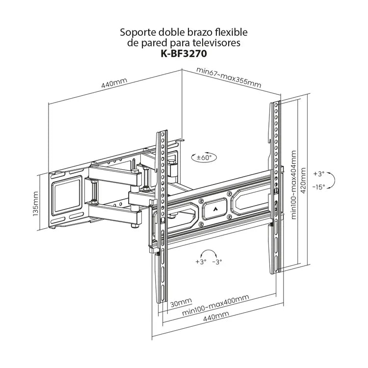 Base KALLEY Escualizable Doble Brazo Flexible K-BF3270 para televisores 32” y 70”