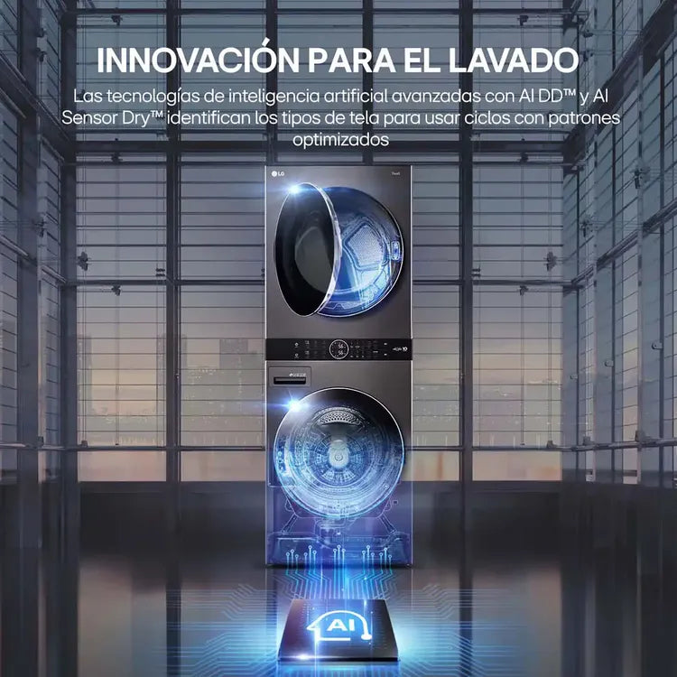 Torre de Lavado y Secado LG Wash Tower en un solo cuerpo Lavadora 25 Kilos/Secadora 22 Kilos WK25VS6 Gris con Inteligencia Artificial