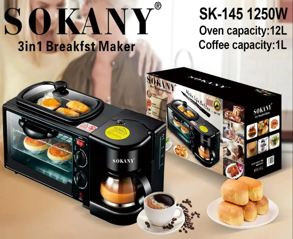 Máquina de Desayuno 3 en 1 Sokany SK-6620 – Horno + Cafetera + Sartén