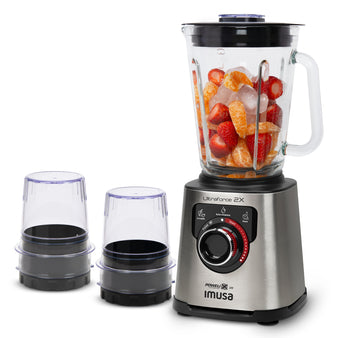 Licuadora Profesional IMUSA Ultraforce 2X con Picatodo + Molino Vaso de Vidrio 1100W Plateada