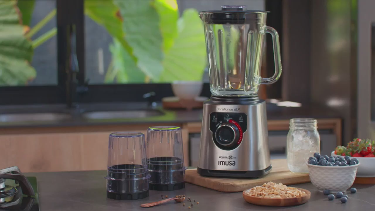 Licuadora Profesional IMUSA Ultraforce 2X con Picatodo + Molino Vaso de Vidrio 1100W Plateada